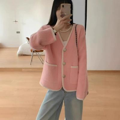 Suéter top de imitación de visón fresco para mujer, manga larga, corto, suelto, nuevo, primavera, otoño e invierno, chaqueta cárdigan de punto