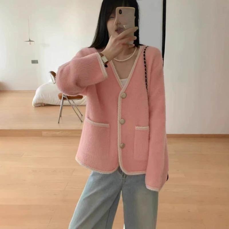 Small Fresh Imitation Mink Sweater Top Women's Long-sleeved Short Loose New Spring Autumn and Winter Knitted Cardigan Jacket