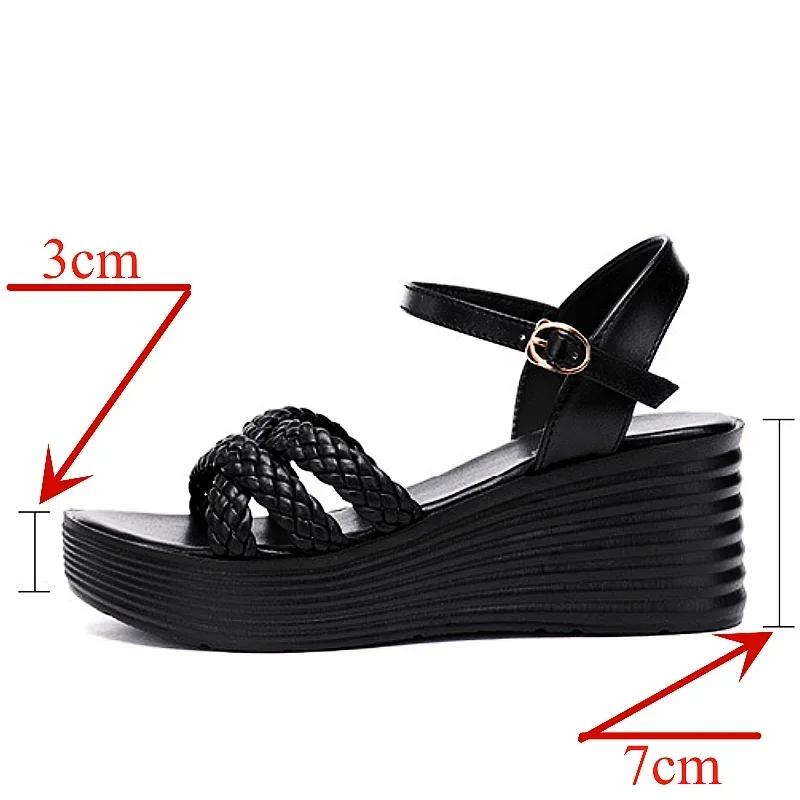 7cm Small Size 33-43 All Match Comfortable Med Heels Wedges Sandals 2025 Summer Women's Knit Platform Shoes for Office Mom Beach