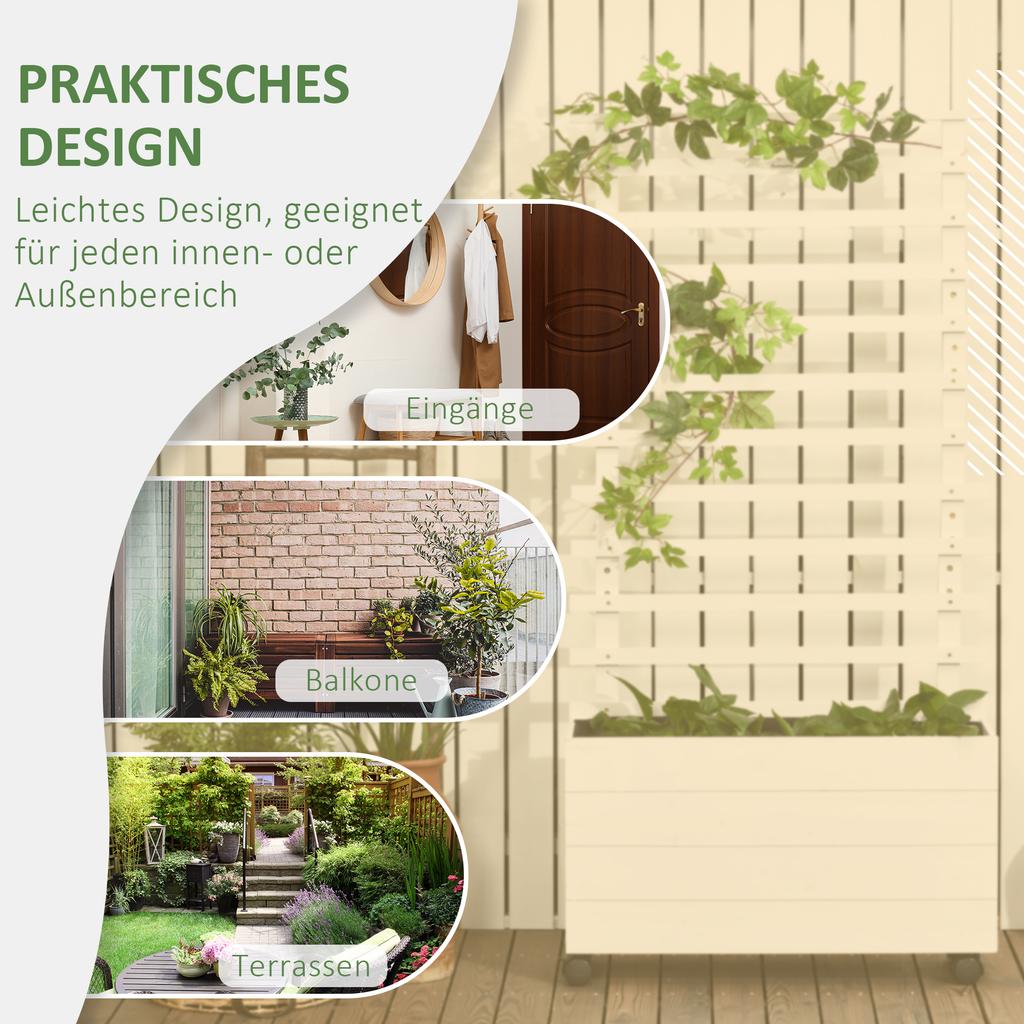 Planter Box with Trellis, 4 Wheels, Natural Wood, Weatherproof Coating, White, 76 X 30 X 155 Cm