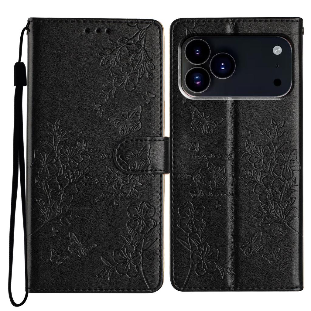 For iPhone 17 Pro Max Wallet Phone Case Butterfly Floral Imprint Leather Flip Cover with Strap
