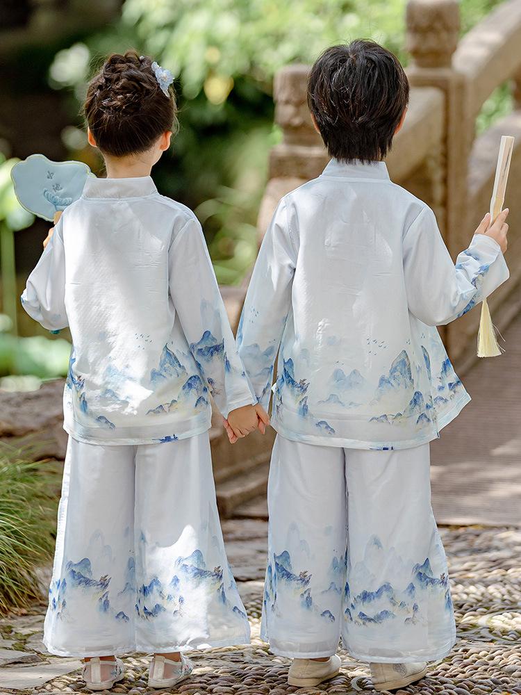 Kids' Chinese Hanfu Costume: Boys' Spring/Summer Long-Sleeve & Girls' Tang Suit Performance Set