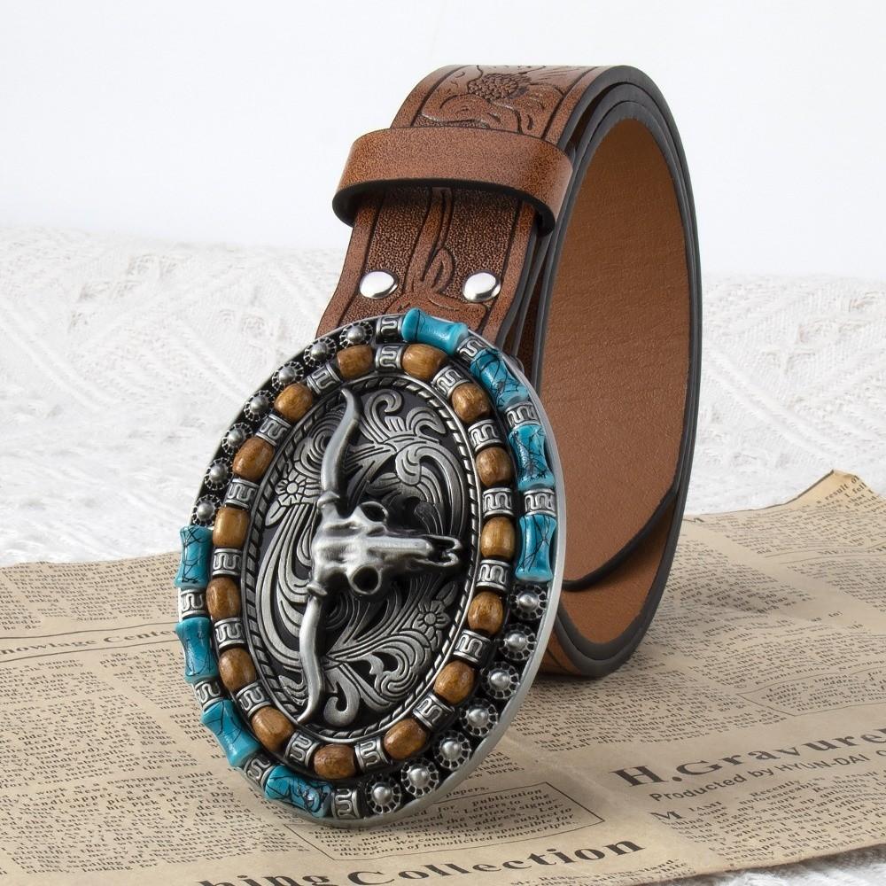 Carved Western Cowboy Belt Cow Head Buckle Embossed Belt Luxury Waistband  For Man Women