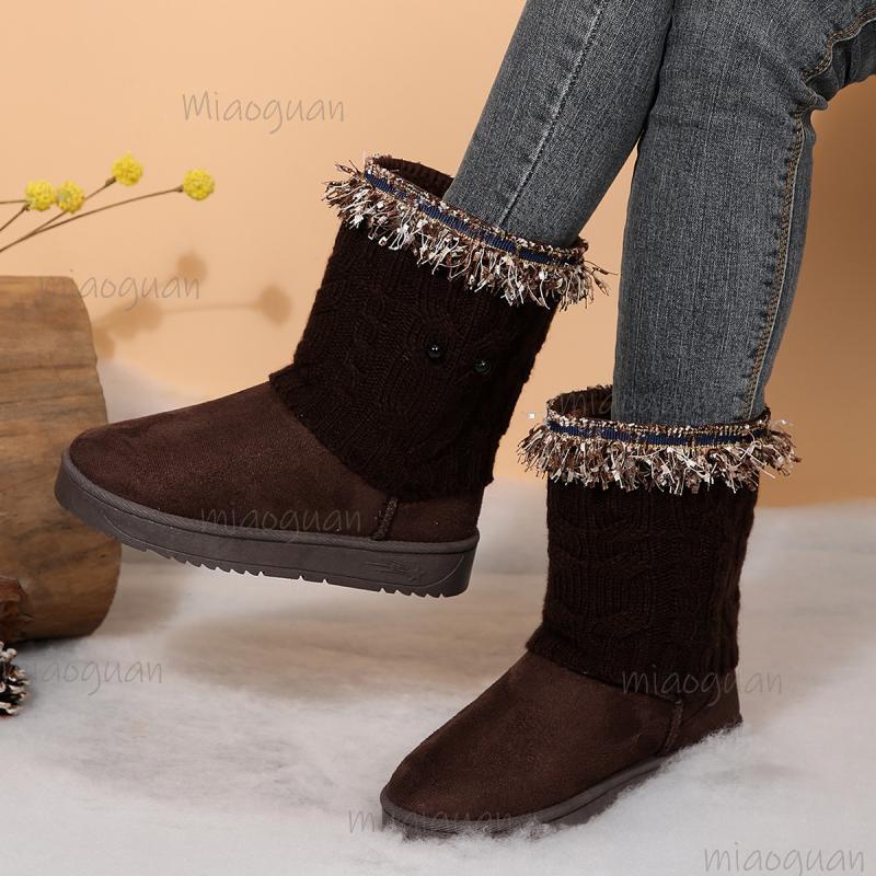 Knitted Tassels Snow Booties Women 2025 Winter Comfort Flat Heel Mid Calf Boots Warm Short Plush Non Slip Furry Boots