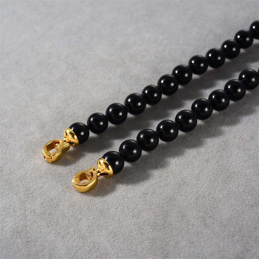 Simple Black Agate Stone Necklace Copper Plated 18K Real Gold Light Luxury Premium Retro Round Bead Collarbone Chain Female