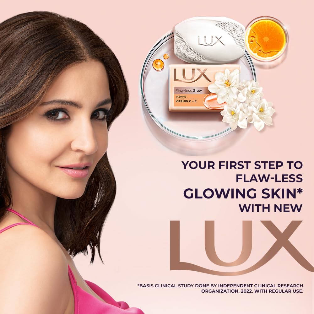 Lux Flaw-Less Glow Bathing Soap For Soft Smooth Glowing Skin With Jasmine Fragrance And Vitamin Enriched Formula 150g X 3 Pack