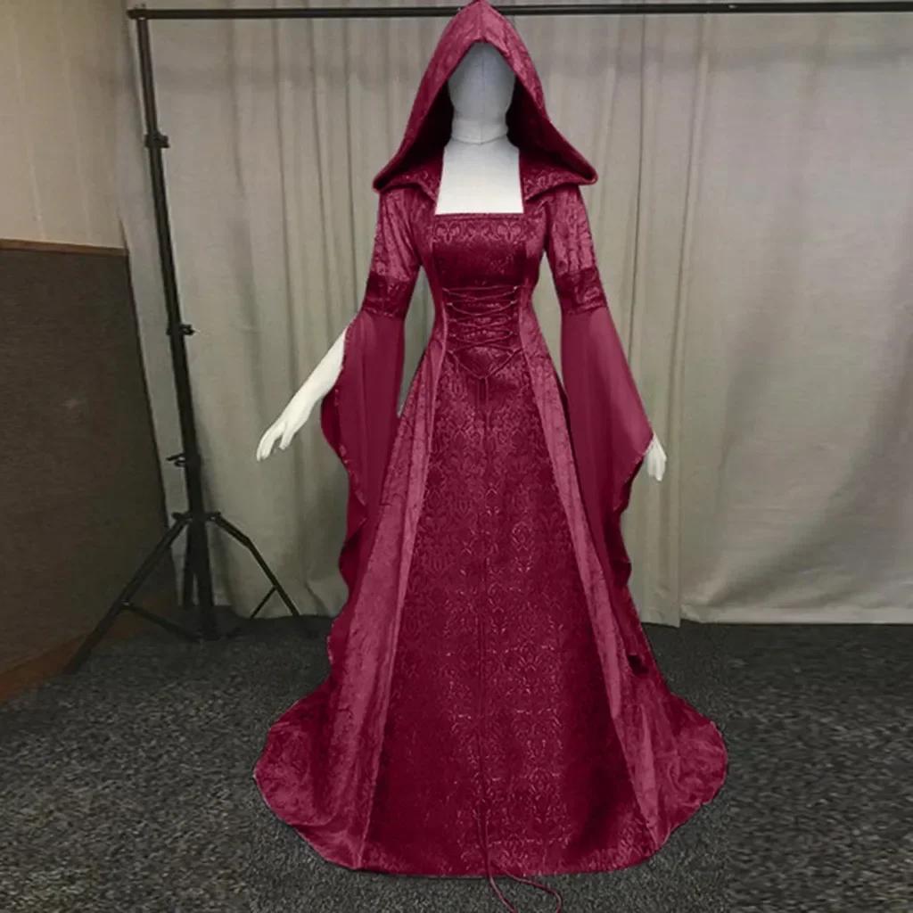 Women Deluxe Witch Dress Medieval Renaissance Maxi Train Dress Halloween Devil Pagan Witch Wedding Cos Costume Hooded Gown Robe