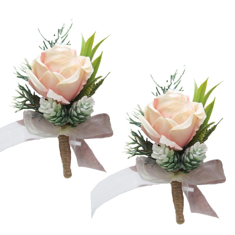 2pcs Artificial Waterproof Flowers Green Plants Corsage Bride Groom Bridesmaid Group Wedding
