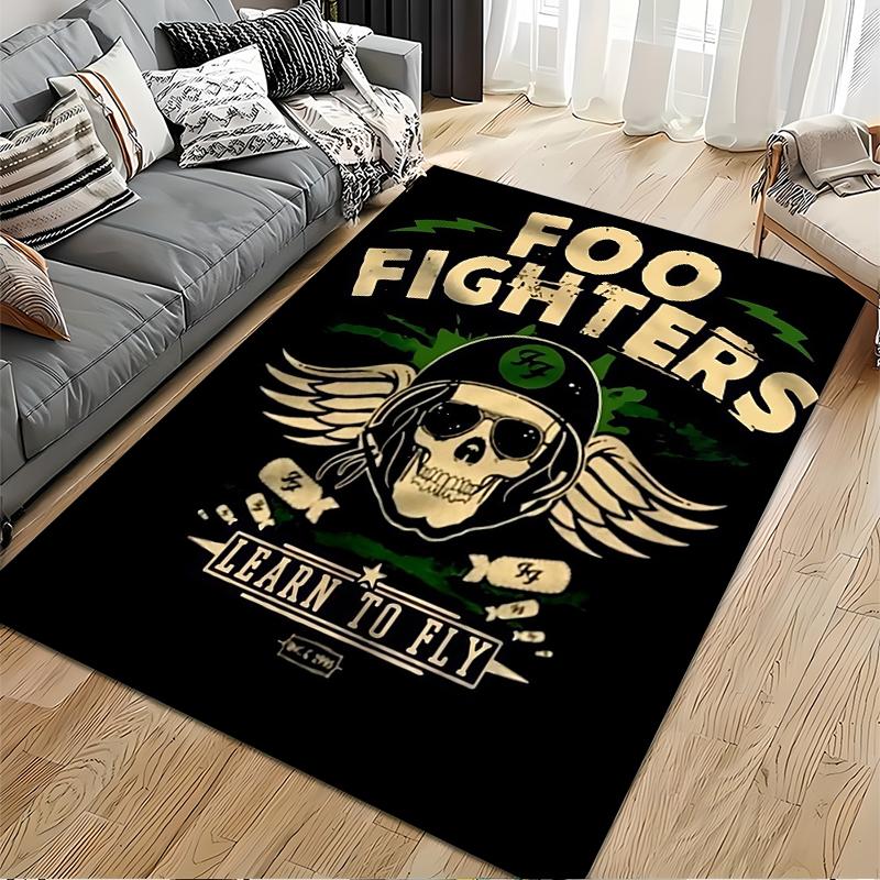 Rock Band Area Rug, Foo Fighters Learn to Fly Skull Helmet Wings Print, Music Studio Man Cave Decor, Non-Slip Carpet
