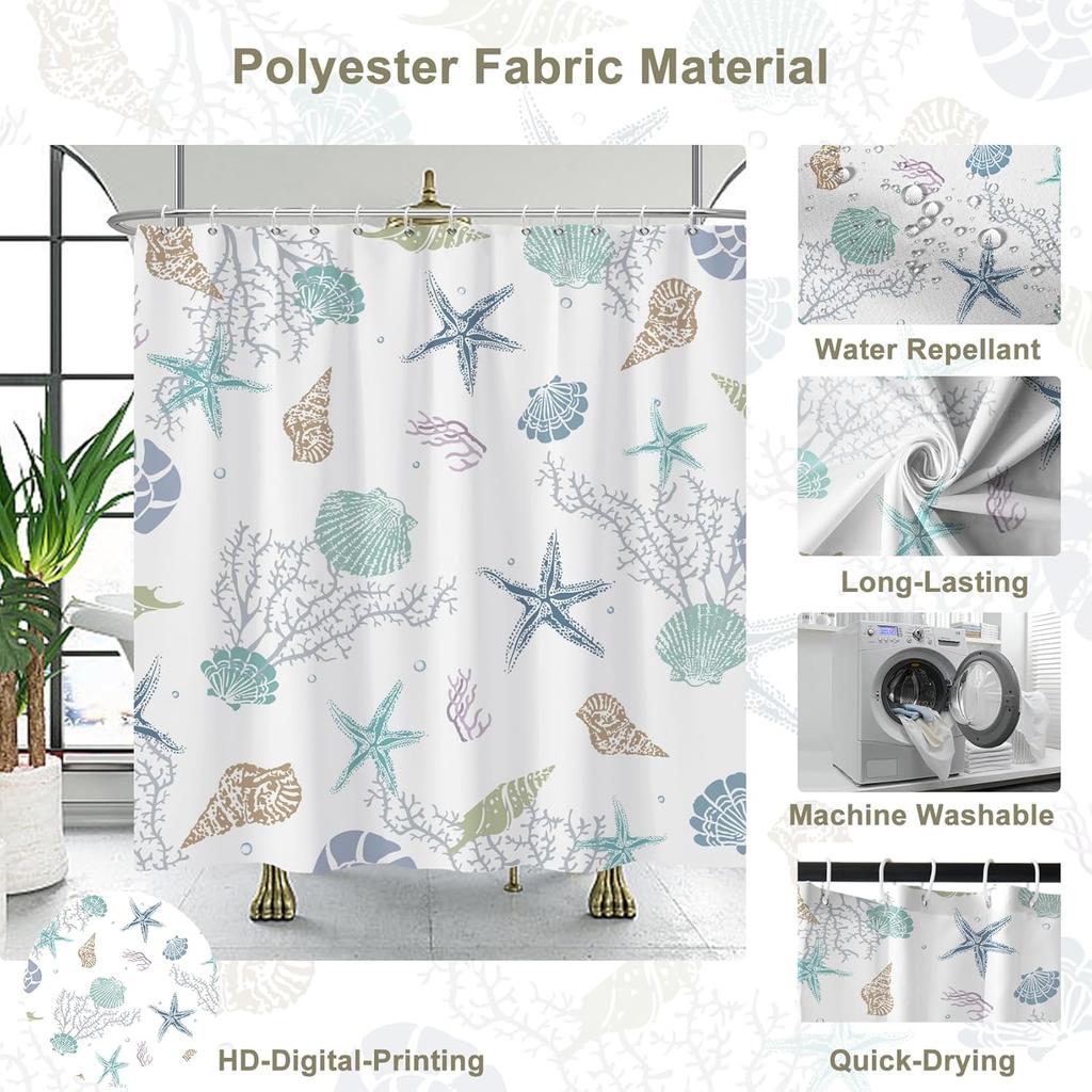 Ocean Theme Shower Curtain, Starfish Coral Nautical Coastal Shower Curtain Set for Bathroom, Nautical Marine Theme Seashell Conch Fabric Bath Curtain