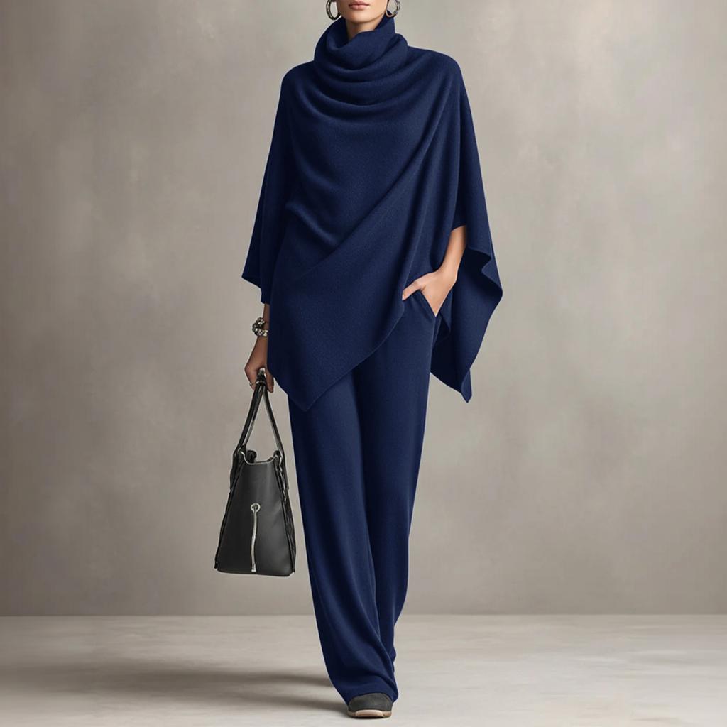 Women's Cozy Cowl Neck Cape Top and Wide Leg Pants Two Piece Set for Casual Daily Wear
