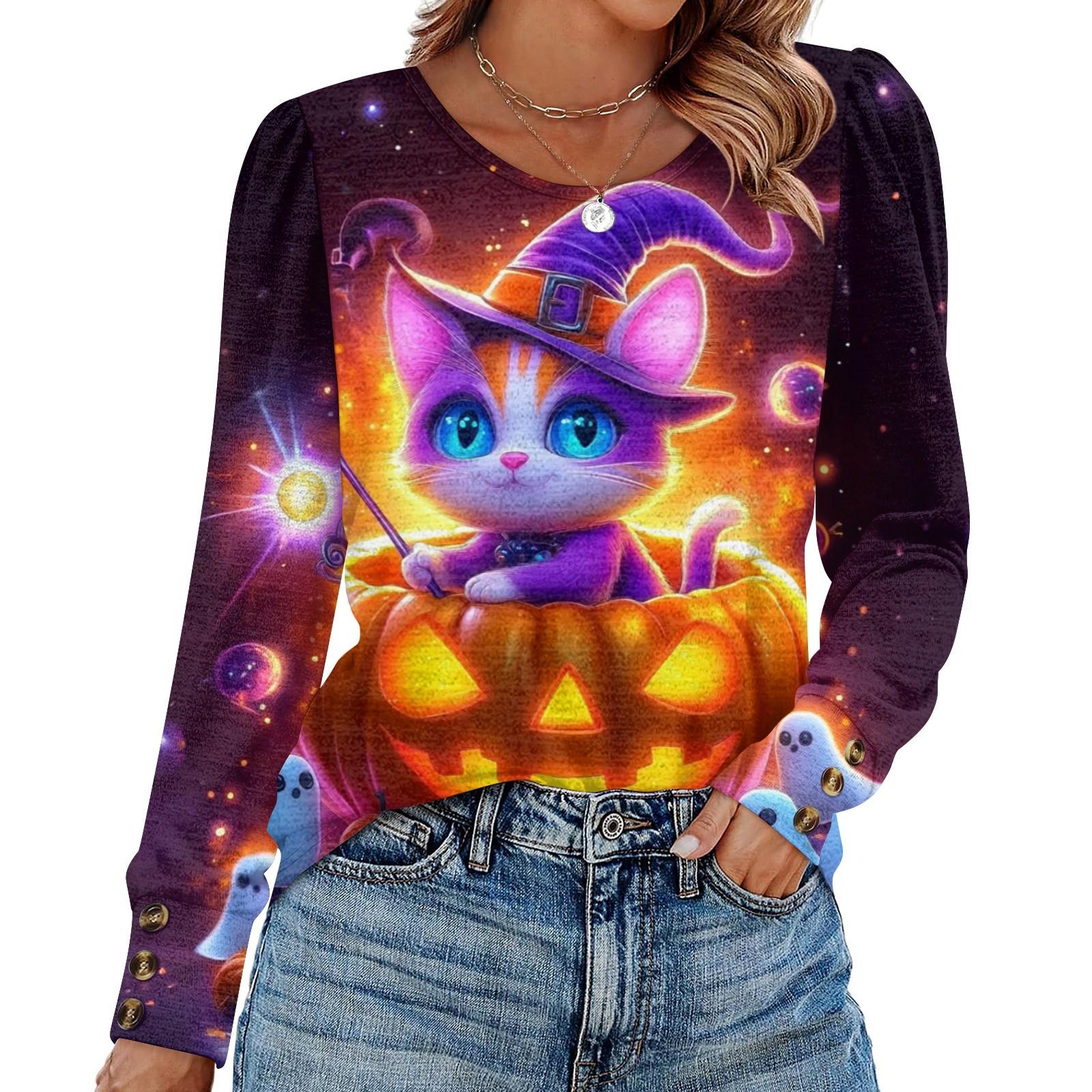 

Женский модный топ с длинными рукавами и принтом на Хэллоуин XXL шафрановый