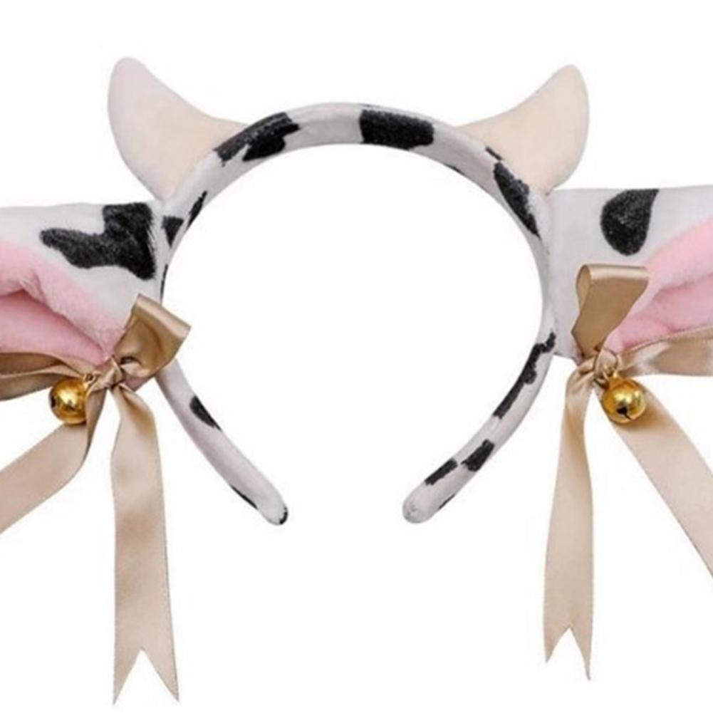 Women Hairband Milk Cow Ear Headband with Bowknot Ribbon Bell Decor Bendable Handmade Lightweight Headgear Costume Accessory