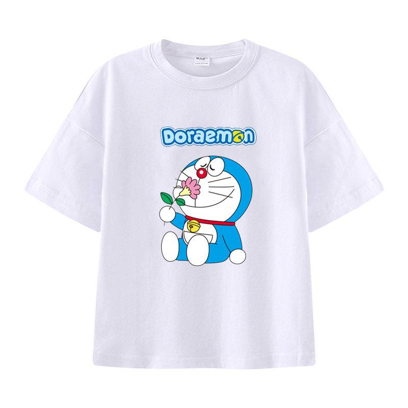 Pure Cotton Childrens Shortsleeved Tshirt for Summer Boys and Girls Halfsleeved Childrens Clothing with Doraemon Pattern