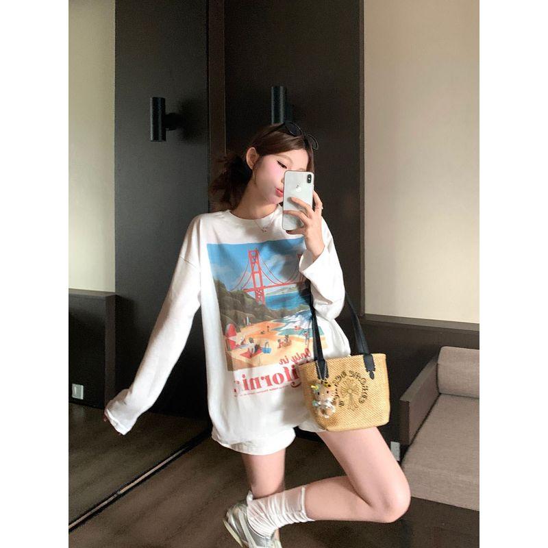Kumikumi Casual Suit Printed Loose Long Sleeves T-shirt Women Fall White High-Waist Wide Leg Shorts Two-piece Set