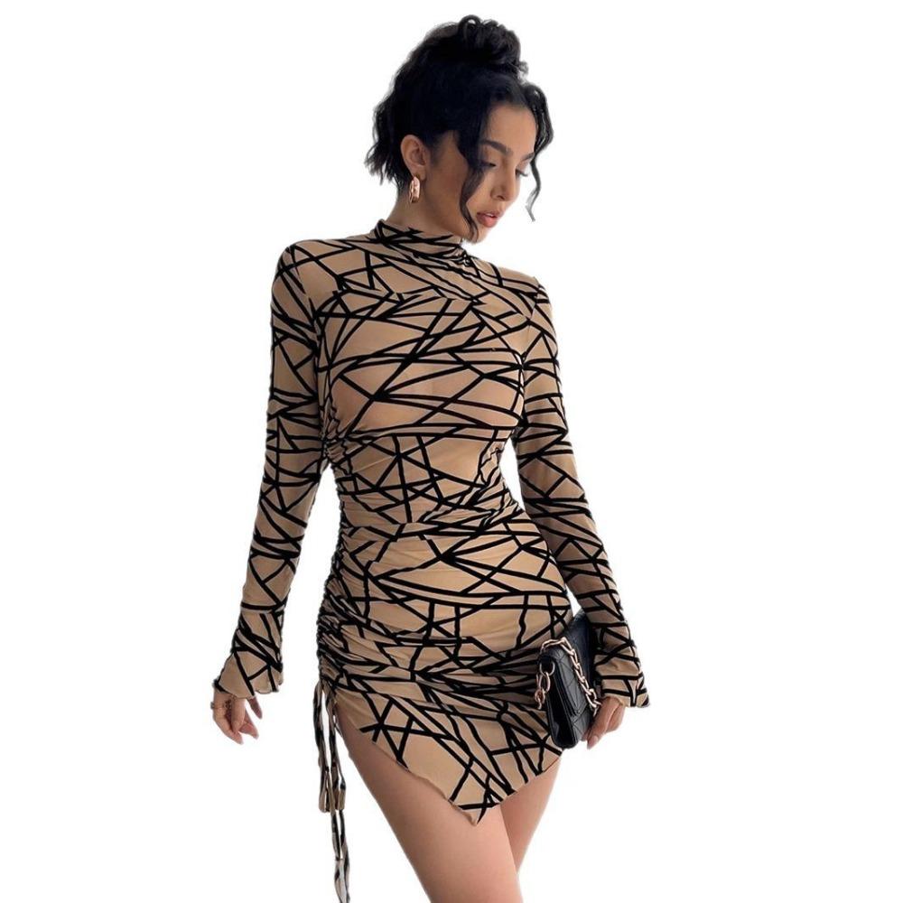 Spring and Summer Women's Slim Side Drawstring Small Standing Collar Long Sleeve Irregular Short Dresses