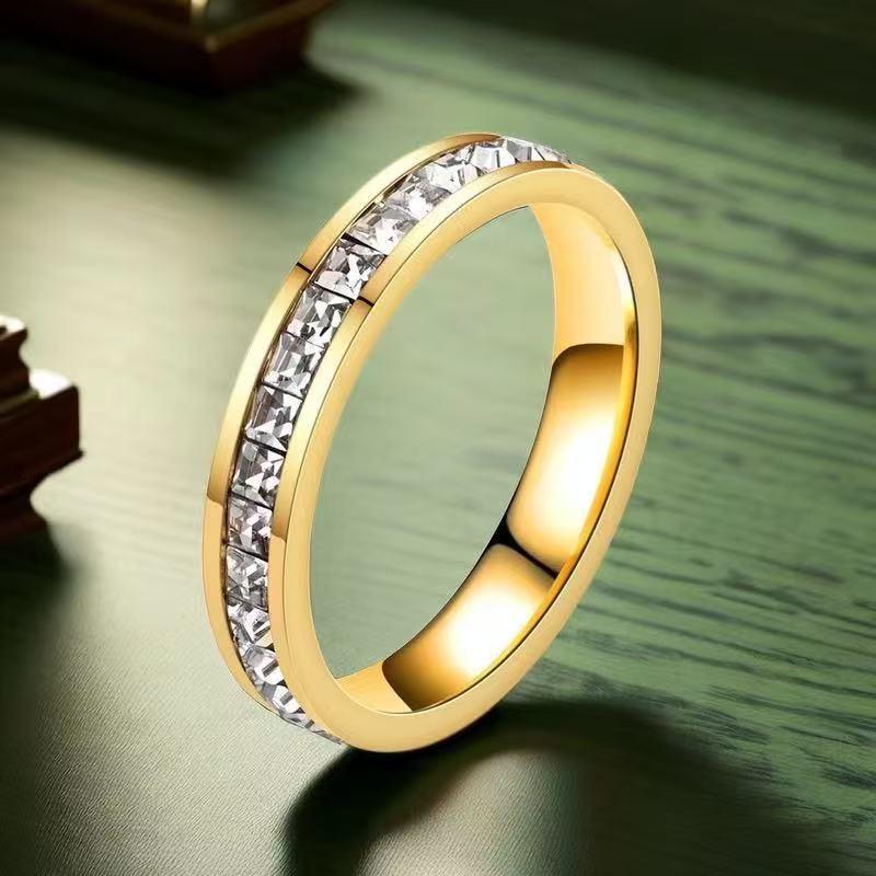 Stainless Steel Ring with Star-Inlaid Diamonds, Fade-Resistant, Titanium Finish