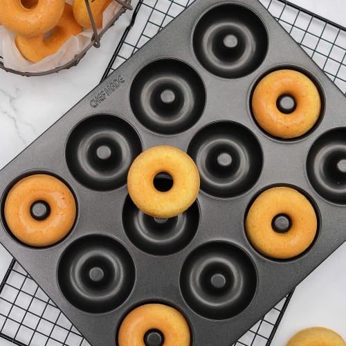 CHEFMADE 12-Cup Donut and Madeleine Pan, Perfect for Cupcakes, Brownies, Cookies, and Non-Stick Cakes, Black, 32.5*25.7*2.2cm