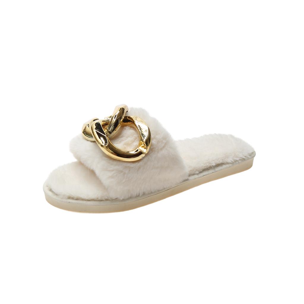 Fashion 2025 New Winter Plush Slippers Fashion Open Toe Solid Color Women's Sandals Metal Chain Casual Women's Shoes Fashion Shoes