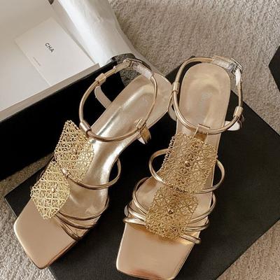 Französische Retro-Sandalen mit feinen Absätzen und hohen Absätzen 2024, quadratische Zehenpartie, offene Zehenpartie, Lederschnalle, sexy goldene Absätze, Zapatos Mujer 2024