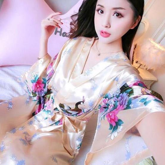 

WTEMPO женский мягкий шелковый атласный халат, платье, кимоно с цветочным принтом павлина, пижамы, кардиганы, осенние халаты средней длины XXL шампанского