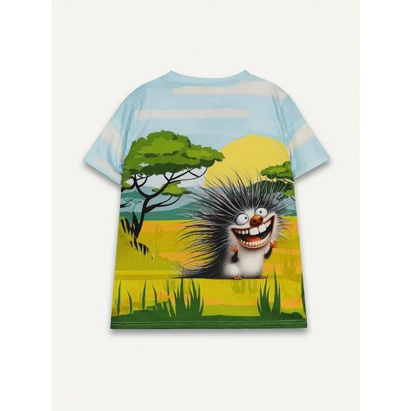 Summer Round Neck 3D Cartoon Animal Porcupine Graphic Print Top Fashionable Casual Short Sleeved Women's T-shirts