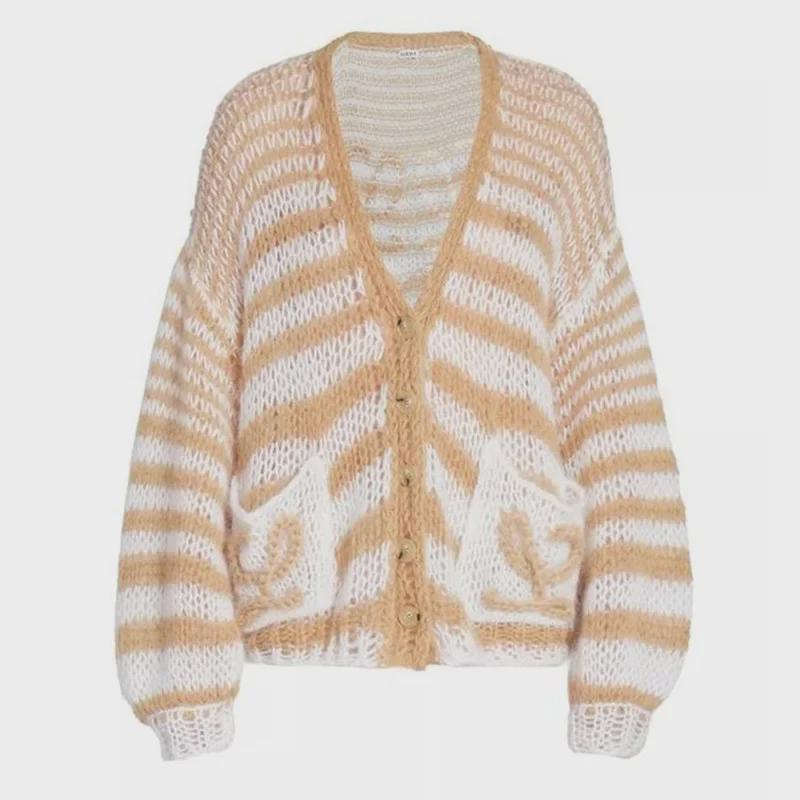 Women's Striped V-Neck Knit Cardigan Sweater - Lightweight, Loose, and Casual for Spring & Fall