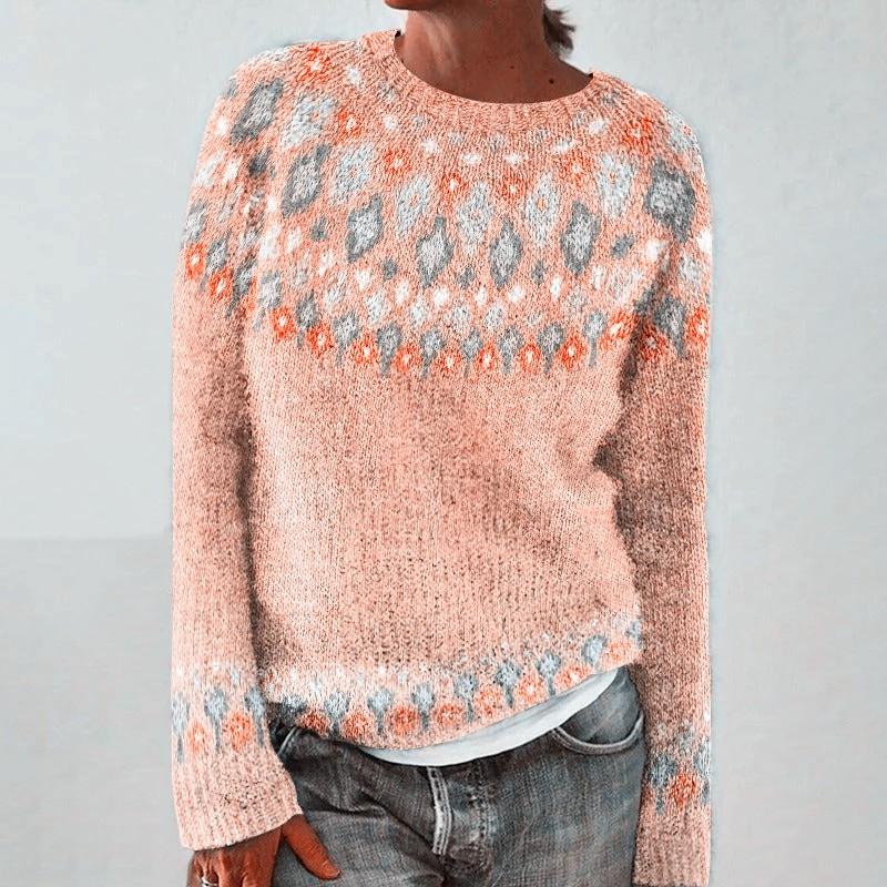 Womens Crew Neck Colorblock Loose Knit Sweater With Geometric Jacquard Acrylic Blend Plus Size S-5XL
