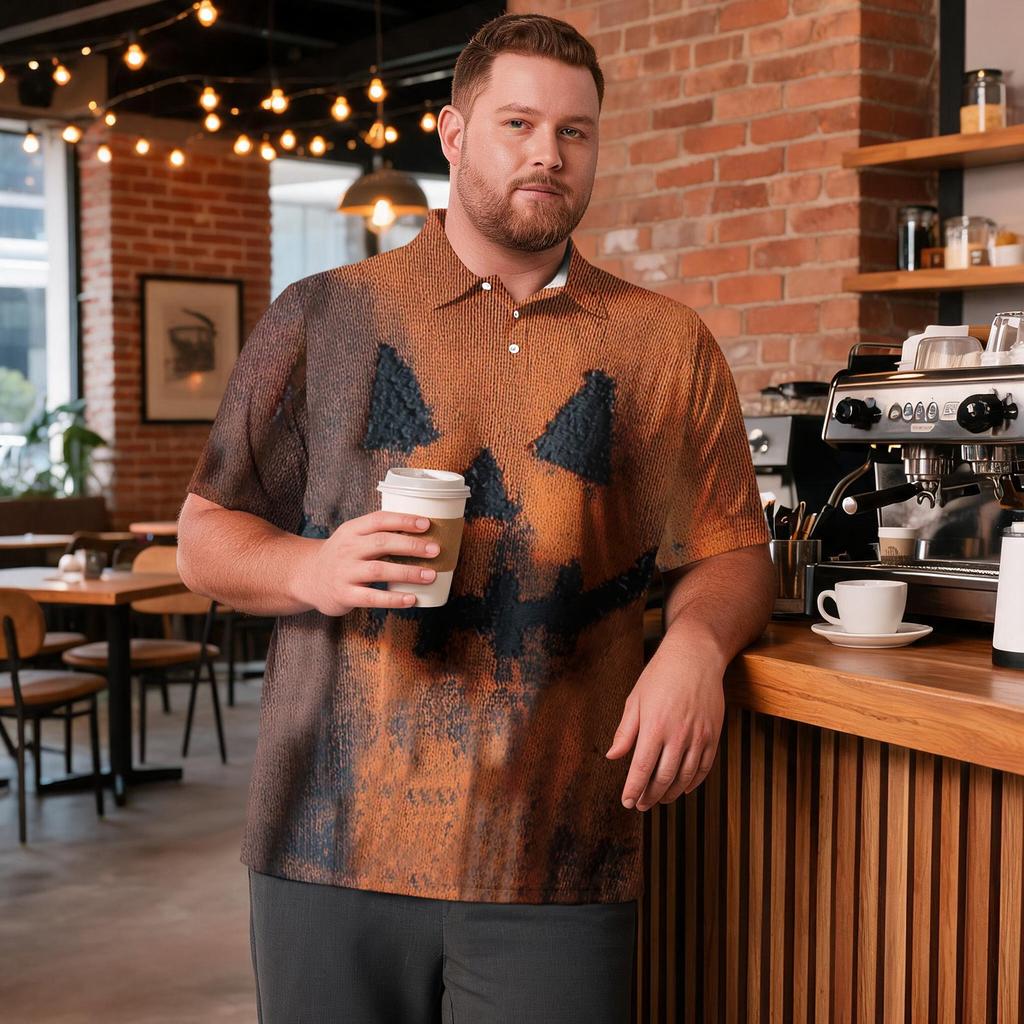 Men's Big Size Halloween Print Golf Polo Shirt Breathable Short Sleeve Casual Workwear Top Comfortable Fit