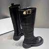 Sheepskin Version~ European Genuine Leather Boots, New Round Head Thick-soled Muffin-bottom Knight Boots, Belt Buckle High Boots