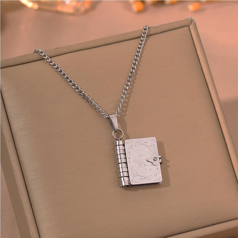 Popular titanium steel necklace, retro book can open couple collarbone chain, fashionable stainless steel necklace