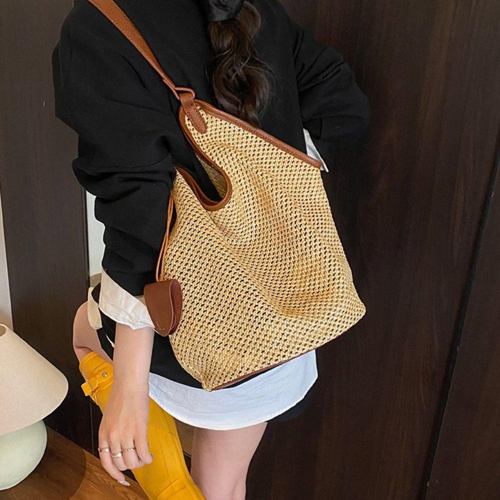 Parent Shoulder Bag Straw Woven Bag Tote Bagwith Sunglasses Clip Hollow Shoulder Bag  Travel