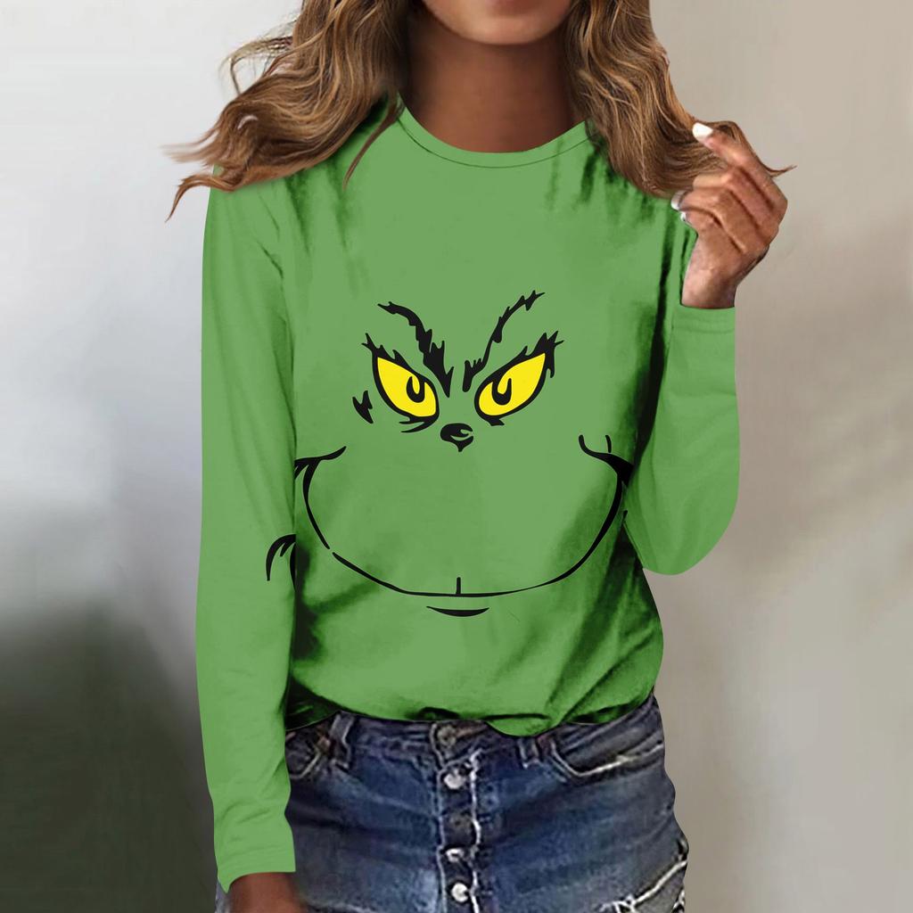 Women's Fashion Casual Long Sleeve Print Round Neck Pullover Top Blouse