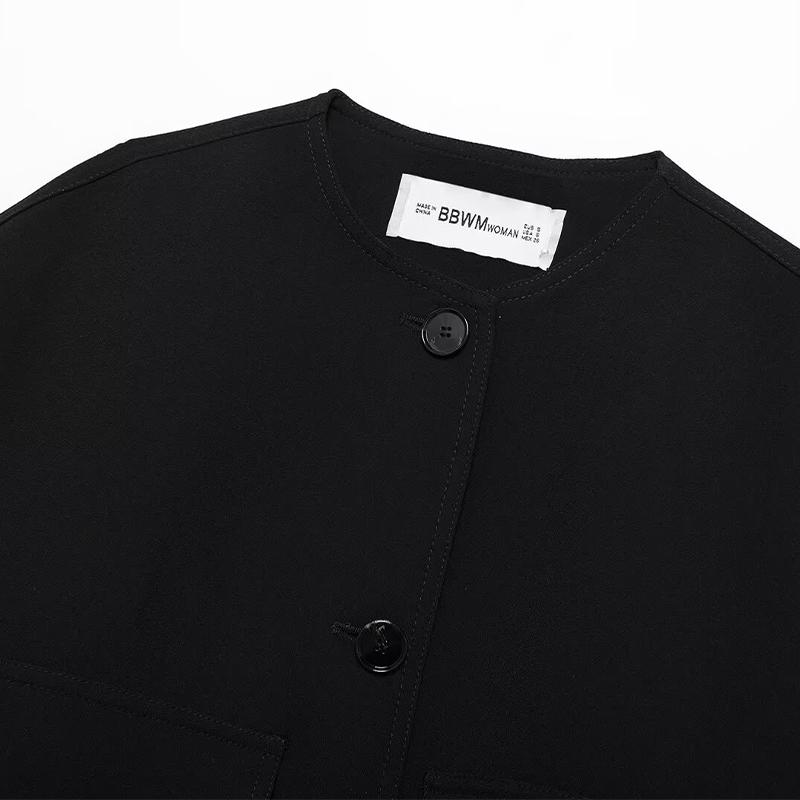 Women Fashion With Pockets Black Single Breasted Bomber Jackets Vintage O-Neck Long Sleeves Female Chic Lady Outfits