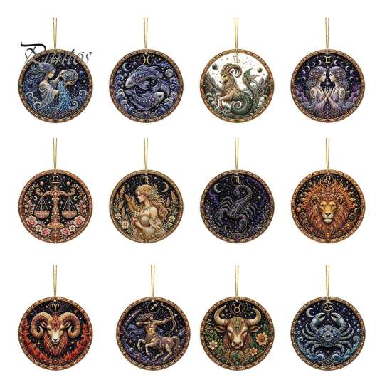Halloween Decorative Pendant 2D Flat Pearl Painting Ornament, Double Sided Zodiac Theme Hanging Gem Home Ornament Art Craft, Rhinestone Beads Pattern