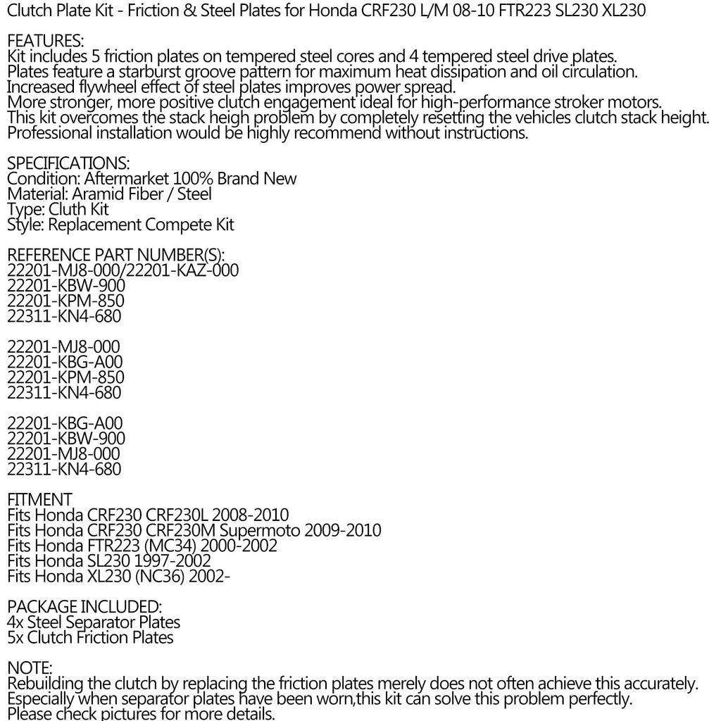 Bruce & Shark Clutch Kit for Friction & Steel Plate CRF230 L/M 08-10 FTR223 SL230 XL230