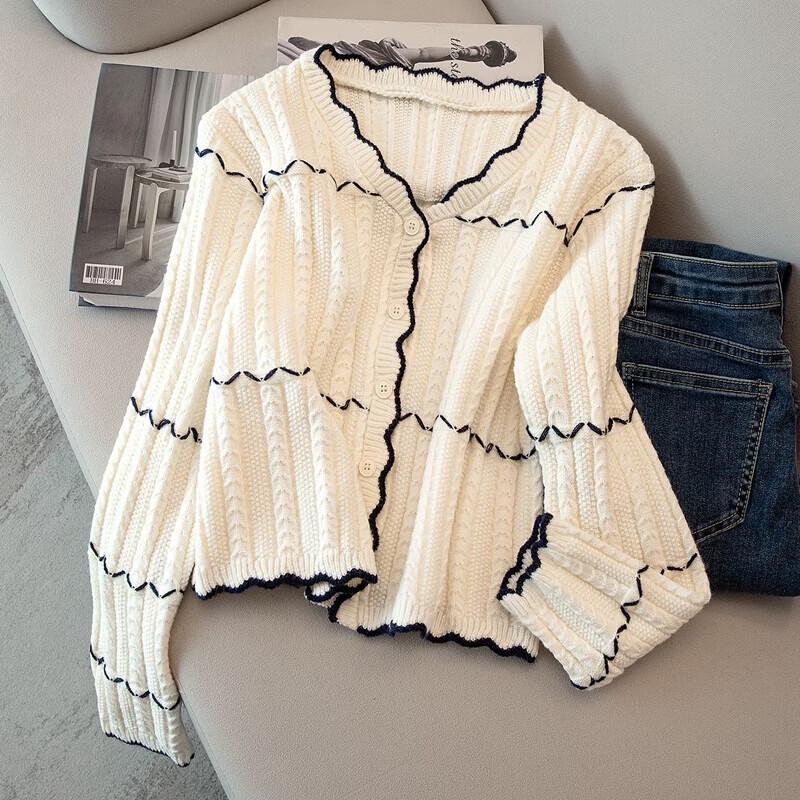 Women s Elegant Contrast V-Neck Knit Cardigan One Size