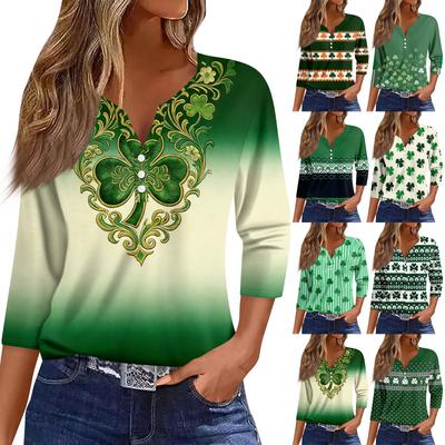 Women's Fashion Button-Up V-Neck Three-Quarter Sleeve Valentine's Day Print Top