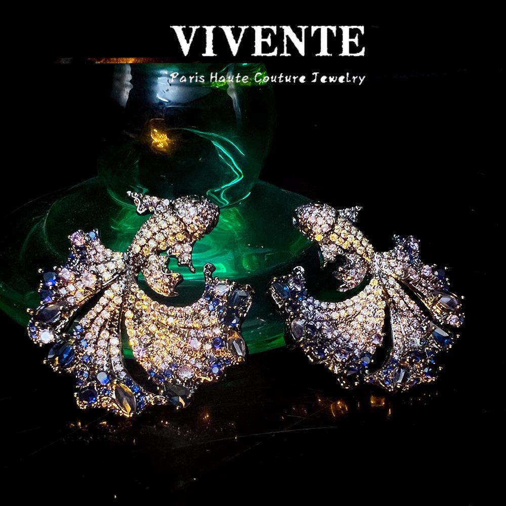 Blue Whale Earrings: Rhodium-Plated S925 with Zircon, High-End Runway Style