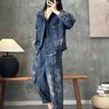 Women's Spring and Autumn Denim Jacket Suits Plaid Striped Shirt+ Casual Jeans Two-Piece Set