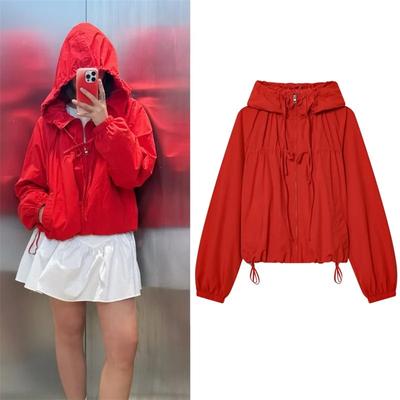 Damenjacke Herbst Rot Langarm Kordelzug Dekorativ Festlich Kapuzenpullover Reißverschluss Strickjacke Lässig Mode Vielseitig