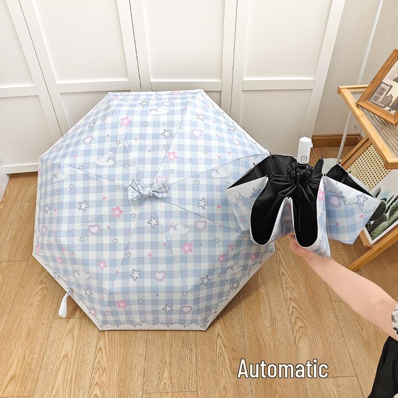 Women's Automatic Plaid Folding Umbrella: UV Protection, Dual-Use for Rain or Shine