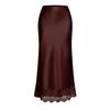 Women's Midi Skirt with Lace Hem Beige Straight Cut Satin Feel Casual Skirt