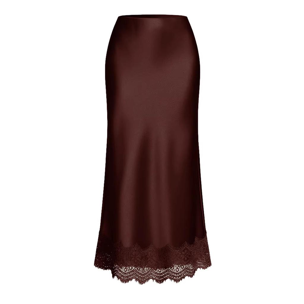 Women's Midi Skirt with Lace Hem Beige Straight Cut Satin Feel Casual Skirt
