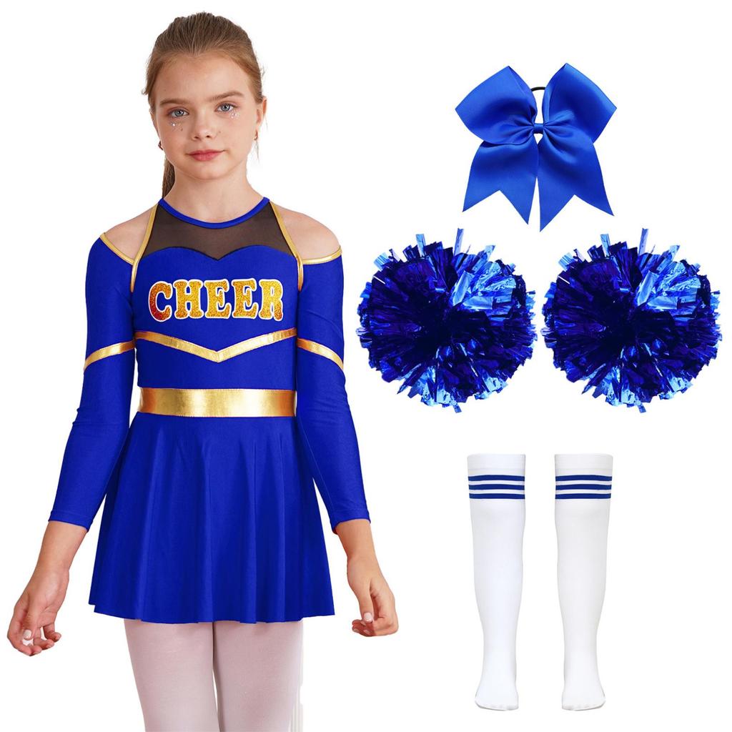 Kids Girls Long Sleeve Cheerleading Outfits School Event Cheer Leader Costume Halloween Dress Up