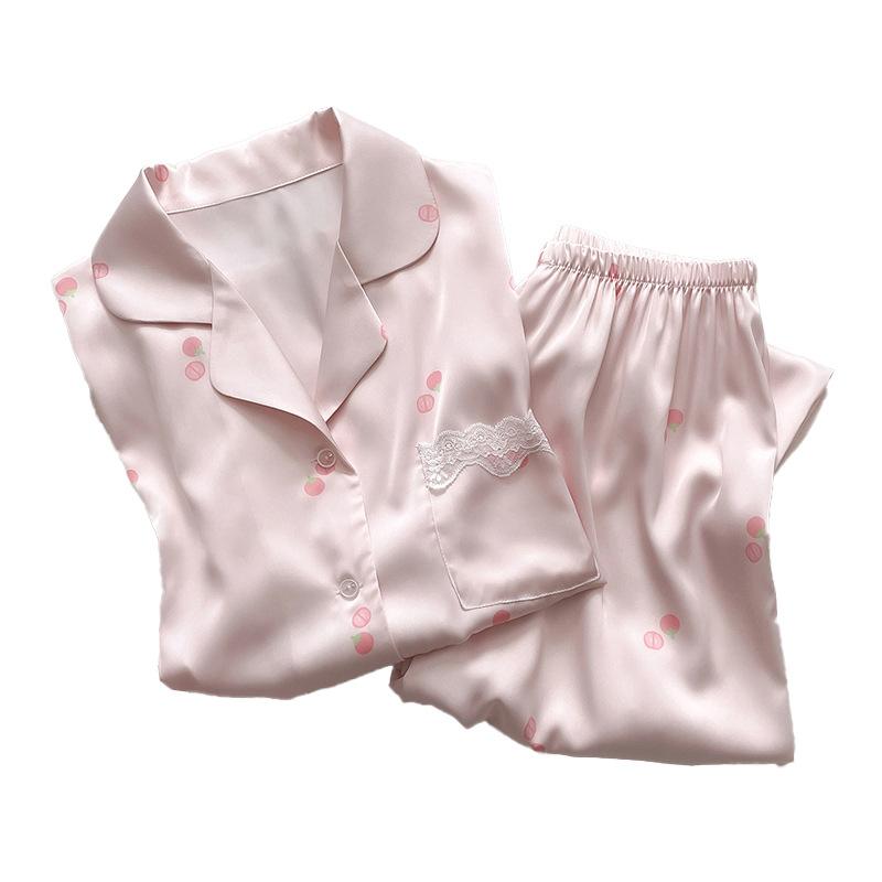 Spring And Autumn Sweet Wind Little Cherry Pajamas Women'S Comfortable Short-Sleeved Trousers Loungewear