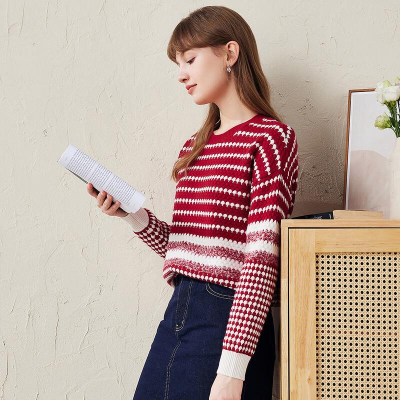 KEMENG BOKA Women's Striped Round Neck Chunky Wool Sweater