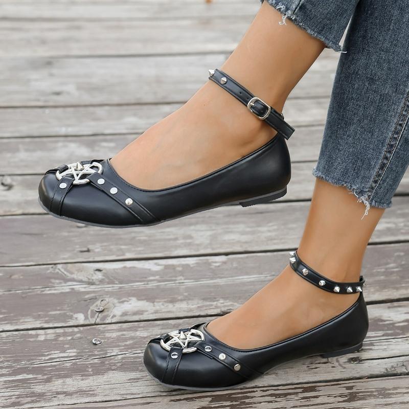 2026  Women's Mary Jane Shoes Ankle Buckle Strap Flats  Leather Rivet Belt Metal Star Gothic Lolita Shoes Soft-soled Thin Shoes