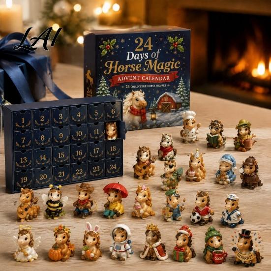 Halloweenská domácí dekorace 24denní adventní kalendář 2026 Mini figurky skotského kravského/koňského/psího Vánoční odpočet Sváteční krabičkový kalendář 2D akryl