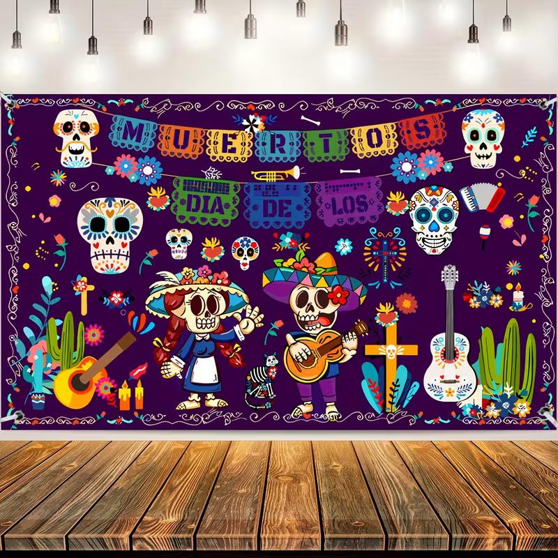 2D Dia De Los Muertos Backdrop, Day of the Dead Sugar Skull Photography Background Banner